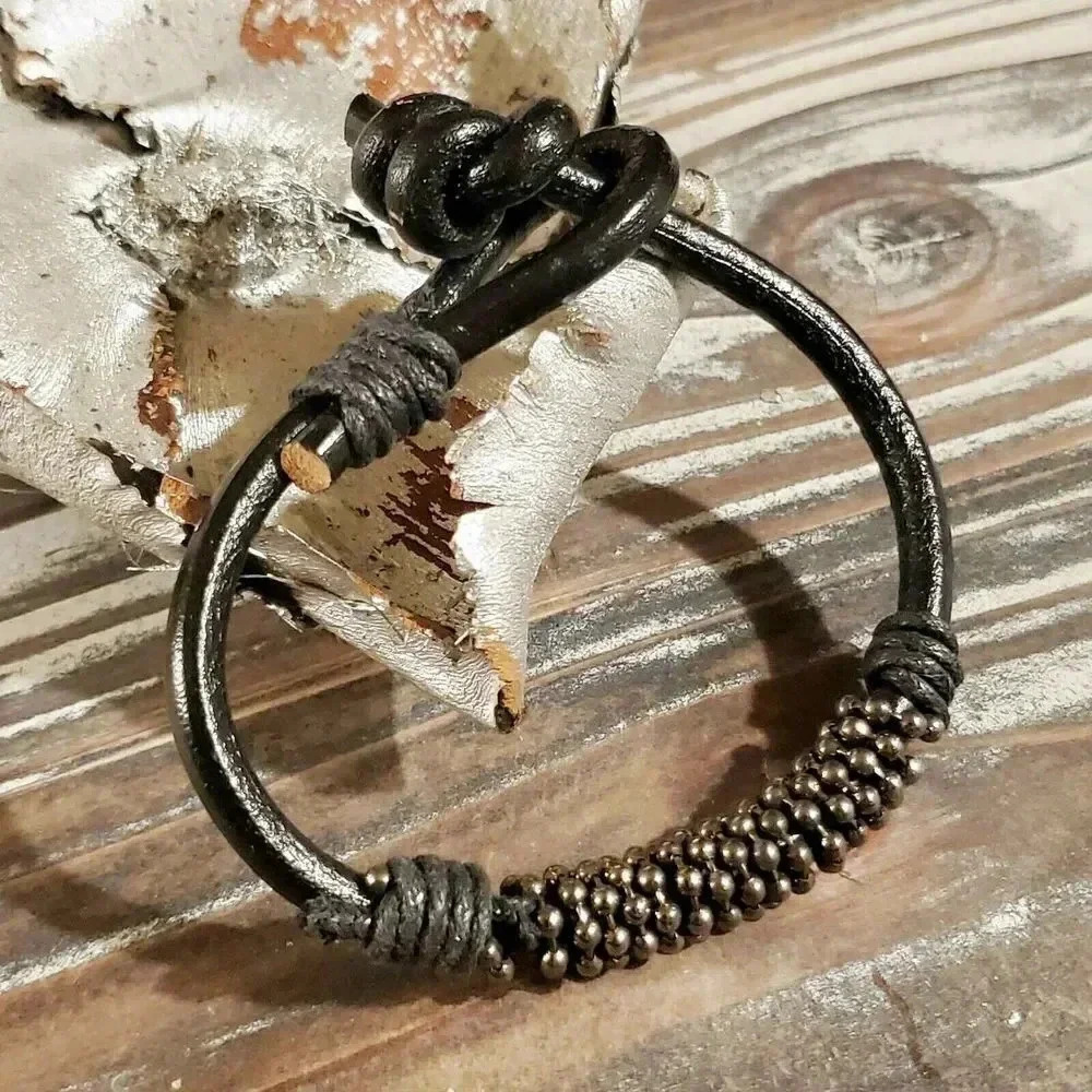 Handcrafted India Thick Black Goat Leather Vintage Gunmetal Beads Bracelet
